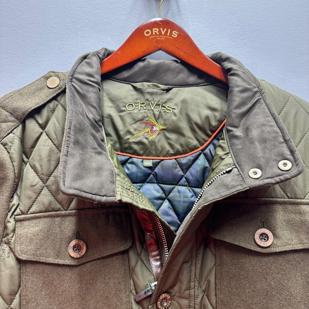 Orvis Quilted Field Jacket Olive Green Suede Trim Fishing Hunting Men L - Picture 2 of 12